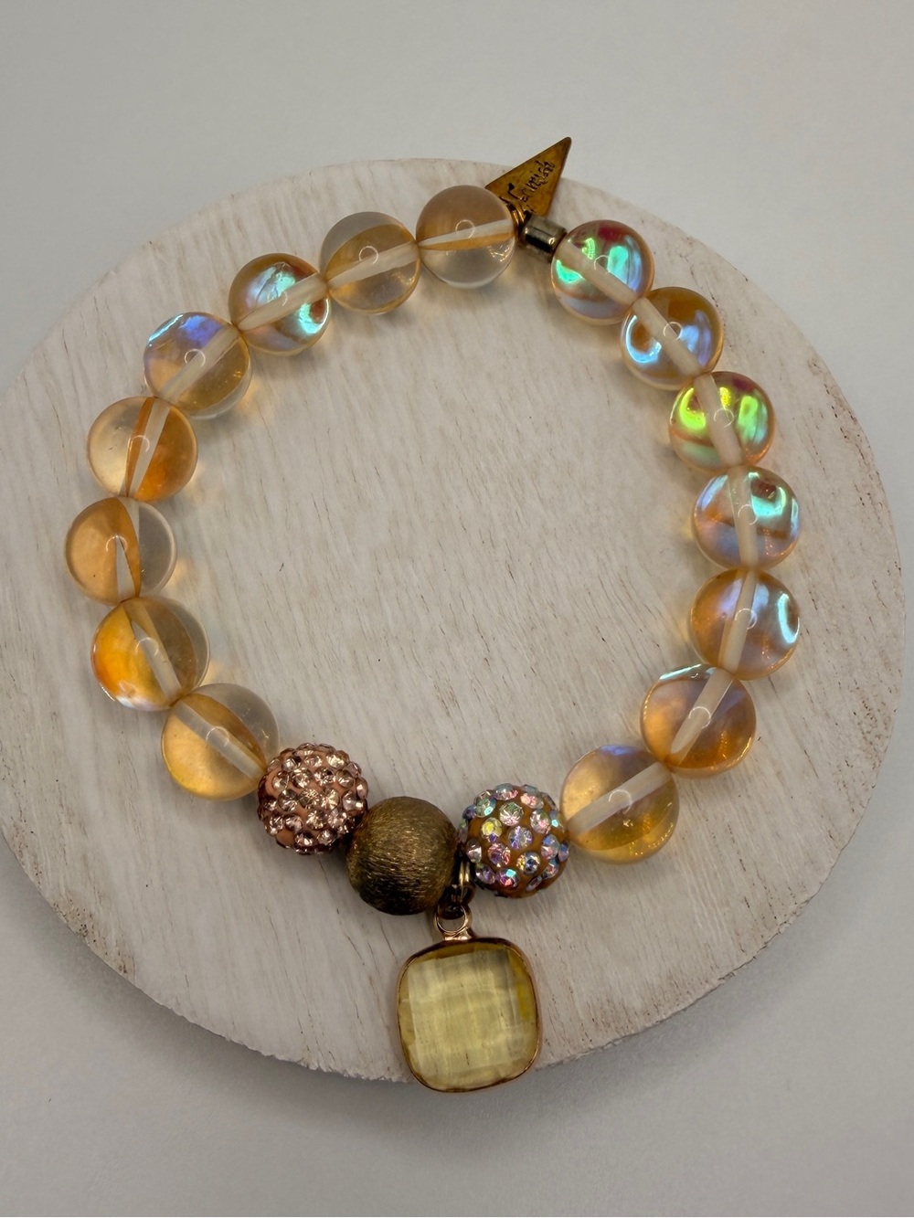 Erimish Iridescent Amber Bead Stretch Bracelet with Crystal Accent Charm